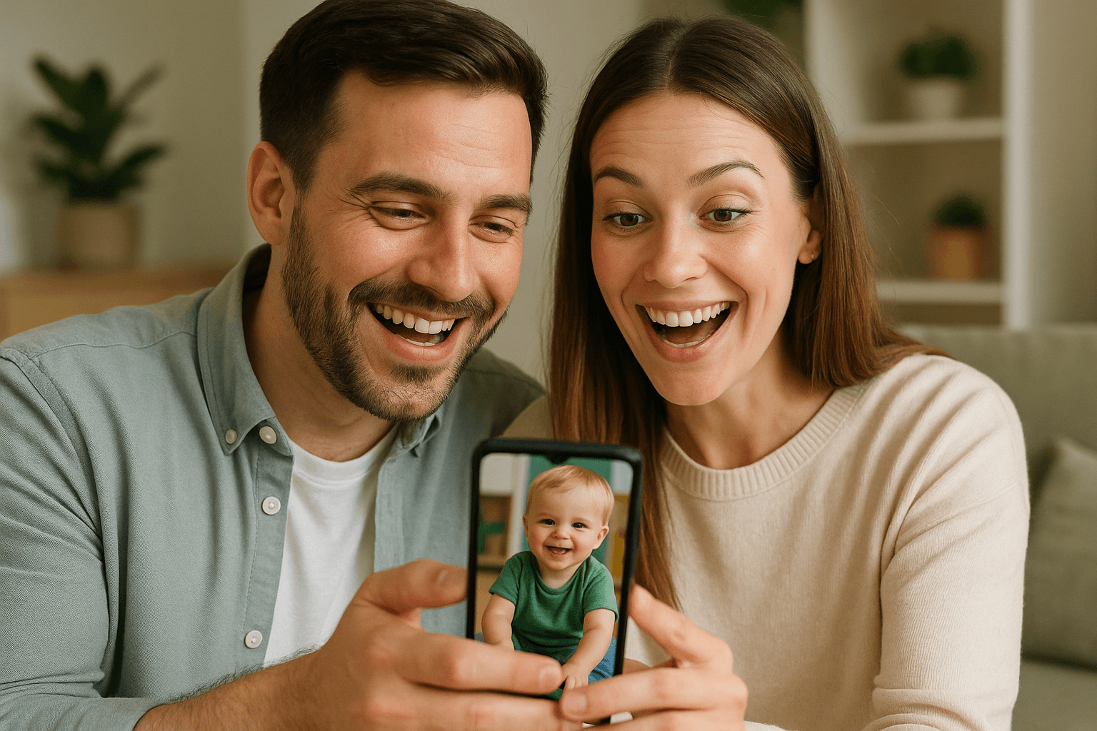 Părinți zâmbind după ce au primit vești de la grădiniță