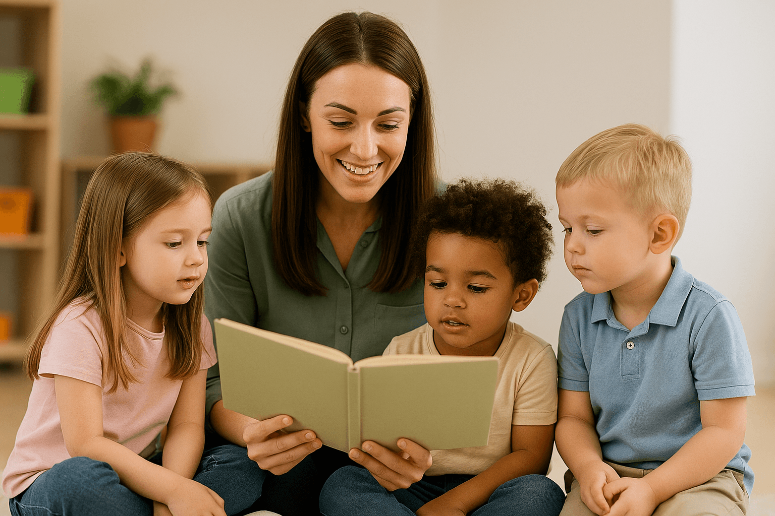 Educatoare citind împreună cu copiii în sala de grupă